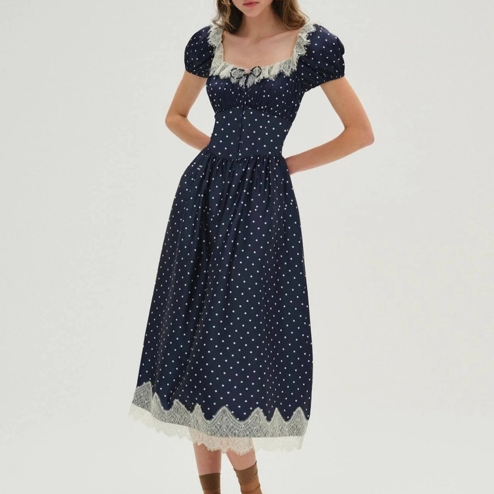 For Love & Lemons Navy Polka Dot Midi Dress with Cream Lace Trim